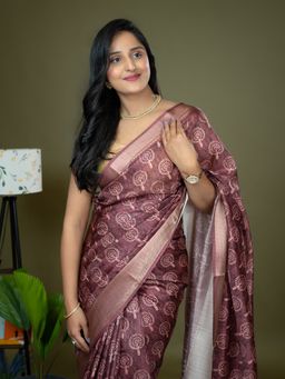 Hella Fashions - Maroon Ajrakh Digital Print Saree with Unstitched Blouse
