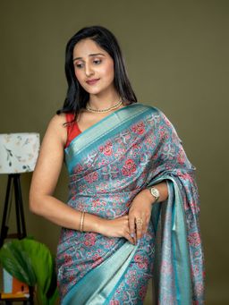 Hella Fashions - Sea Green Ajrakh Digital Print Saree with Unstitched Blouse