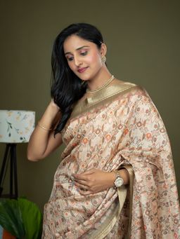 Hella Fashions - Beige Ajrakh Digital Print Saree with Unstitched Blouse