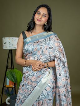 Hella Fashions - Sky Blue Ajrakh Digital Print Saree with Unstitched Blouse