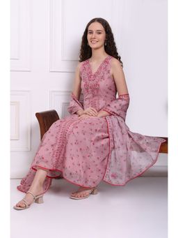 WISHFUL by W - Pink Floral Printed Dori Embroidered Flared Kurta Pant & Dupatta (Set of 3)