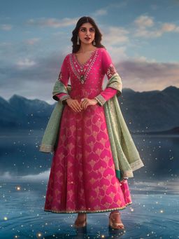 WISHFUL by W - Pink Embellished/Sequined Anarkali Kurta with Churidar and Dupatta