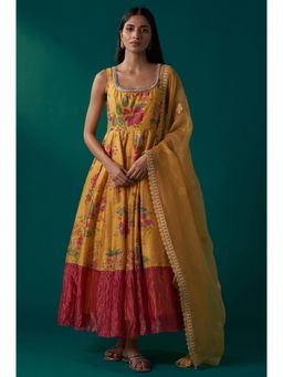 WISHFUL by W - Yellow Floral Anarkali Kurta with Leggings and Dupatta