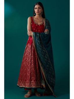 WISHFUL by W - Red Woven Anarkali Kurta with Churidar and Dupatta