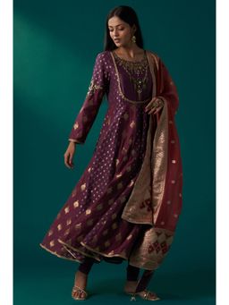 WISHFUL by W - Purple Woven Anarkali Kurta with Churidar and Dupatta