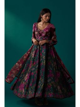 WISHFUL by W - Burgundy Floral Anarkali Kurta with Churidar and Dupatta