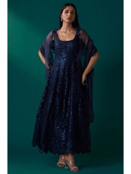 WISHFUL by W - Navy Blue Floral Anarkali Kurta with Churidar and Dupatta