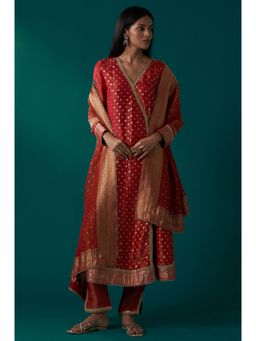 WISHFUL by W - Red Woven Angarkha Kurta with Pant and Dupatta