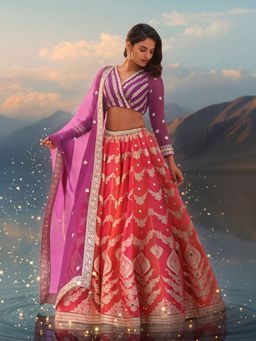 WISHFUL by W - Purple Woven Blouse with Lehenga and Dupatta