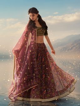 WISHFUL by W - Green Floral Blouse with Lehenga and Dupatta