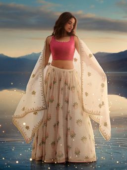 WISHFUL by W - Pink Printed Blouse with Lehenga and Dupatta