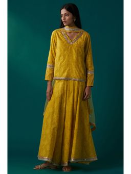WISHFUL by W - Yellow Woven Kurti with Lehenga and Dupatta