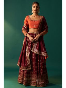 WISHFUL by W - Rust Woven Blouse with Lehenga and Dupatta