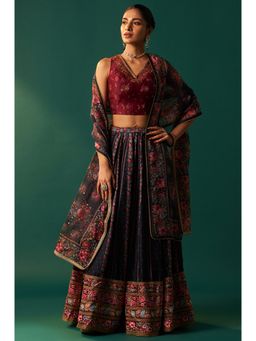 WISHFUL by W - Maroon Embroidered Blouse with Lehenga and Dupatta