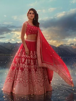 WISHFUL by W - Red Woven Blouse with Lehenga and Dupatta