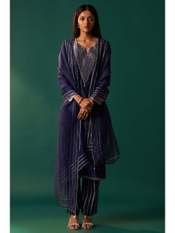 WISHFUL by W - Navy Blue Embroidered Kurta with Palazzo and Dupatta