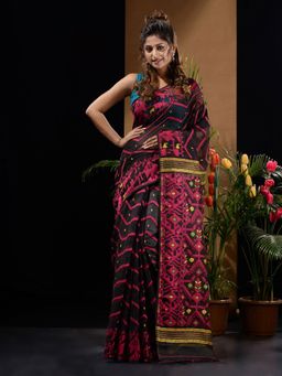 CHARUKRITI - Black & Magenta Handwoven Saree with Chevron & Ethnic Designs