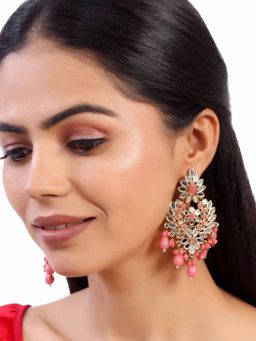Accessher - Gold Plated Handcut Mirrors Studded Chandelier Earrings with Pink Bead