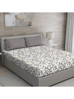 GM - Grey Baroque 144 Tc Cotton Queen Bedsheet With 2 Pillow Covers