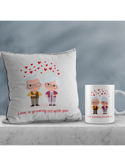 eCraftIndia - Valentine Combo of Old Couple Cushion Couple Hearts Cushion & Mug Gift Set