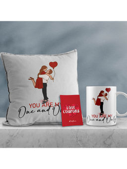 eCraftIndia - Valentine Combo of Boy Holding Girl Up with Cushion & Mug with Love Coupons Gift Set