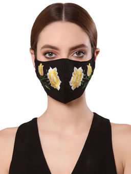 Anekaant - 3 Ply Black & Yellow Cotton Floral Embroidered Fabric Fashion Mask