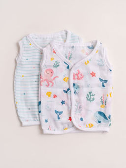 Haus & Kinder - Vitamin White Stripe 100% Cotton Muslin Baby Boy Vest (Pack of 2)