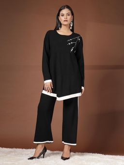 Mafadeny - Elegance Embellished Round Neck Co-Ord Set - Black