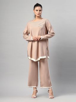 Mafadeny - Elegance Embellished Round Neck Co-Ord Set - Beige