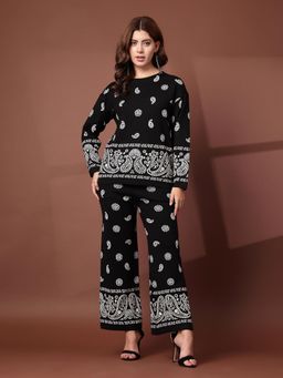 Mafadeny - Stylish 2 Pcs Co-Ord Set for Women with White Paisley Print - Black