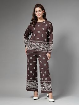 Mafadeny - Stylish 2 Pcs Co-Ord Set for Women with White Paisley Print - Brown