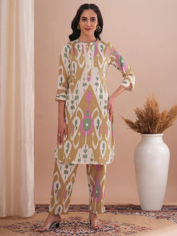 FASHOR - Women Beige Printed Kurta with Pant (Set of 2)