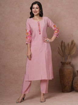 FASHOR - Women Pink Embroidered Kurta with Pant (Set of 2)