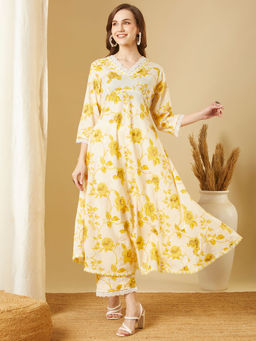 FASHOR - Women Yellow Printed Anarkali Kurta with Pant (Set of 2)