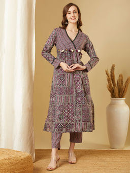 FASHOR - Women Purple Printed Kurta with Pant (Set of 2)