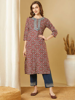 FASHOR - Women Maroon Printed Kurta with Pant (Set of 2)