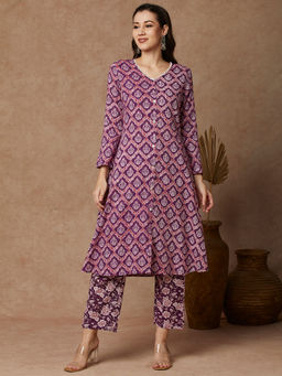 FASHOR - Women Purple Printed Kurta with Pant (Set of 2)
