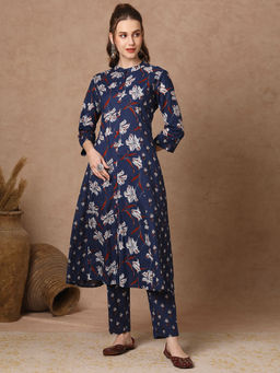 FASHOR - Women Blue Printed Kurta with Pant (Set of 2)