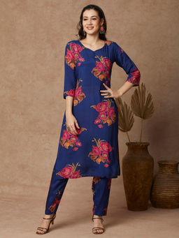 FASHOR - Women Blue Printed Kurta with Pant (Set of 2)