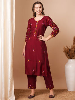 FASHOR - Women Maroon Embellished Kurta with Pant (Set of 2)