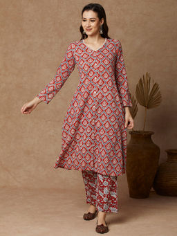 FASHOR - Women Rust Printed Kurta with Pant (Set of 2)