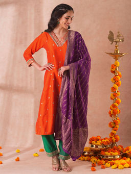 FASHOR - Women Orange Embroidered Kurta with Pant and Dupatta (Set of 3)