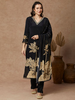 FASHOR - Women Black Embroidered Kurta with Pant and Dupatta (Set of 3)