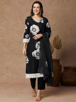 FASHOR - Women Black Printed Kurta with Pant and Dupatta (Set of 3)