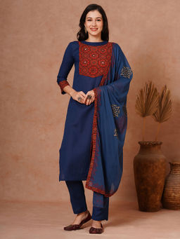 FASHOR - Women Navy Blue Printed Kurta with Pant and Dupatta (Set of 3)