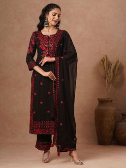 FASHOR - Women Black Embroidered Kurta with Pant and Dupatta (Set of 3)