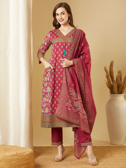 FASHOR - Women Purple Printed Kurta with Pant and Dupatta (Set of 3)
