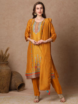 FASHOR - Women Mustard Embroidered Kurta with Pant and Dupatta (Set of 3)