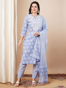 FASHOR - Women Blue Printed Kurta with Pant and Dupatta (Set of 3)
