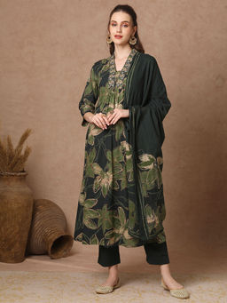 FASHOR - Women Green Printed Kurta with Pant and Dupatta (Set of 3)